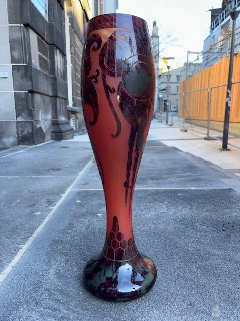Grand vase signé : "  Le Verre français " décor de prunes Art Déco 60 cm-photo-4