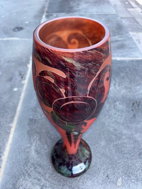 Grand vase signé : "  Le Verre français " décor de prunes Art Déco 60 cm-photo-6