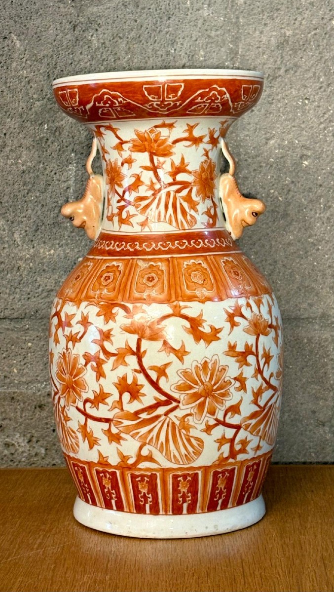 Vase en porcelaine, décor "fleurs de lotus "orangé /Chine/Début XXe siècle-photo-2