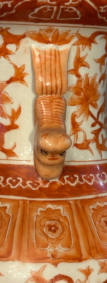 Vase en porcelaine, décor "fleurs de lotus "orangé /Chine/Début XXe siècle-photo-3