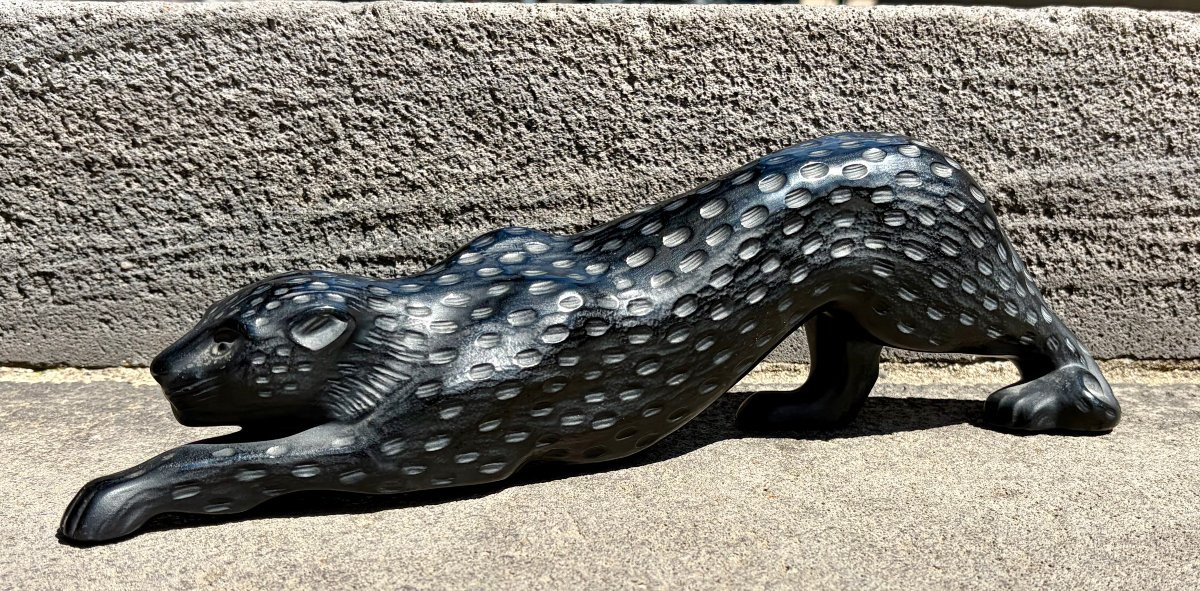 Sculpture Panthère LALIQUE France - Cristal Noir / Gris Satiné - Signée - Luxe-photo-2