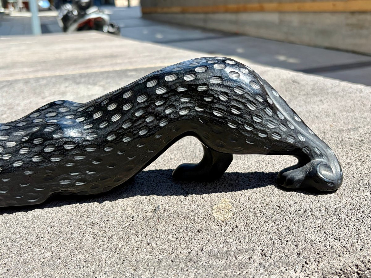 Sculpture Panthère LALIQUE France - Cristal Noir / Gris Satiné - Signée - Luxe-photo-5