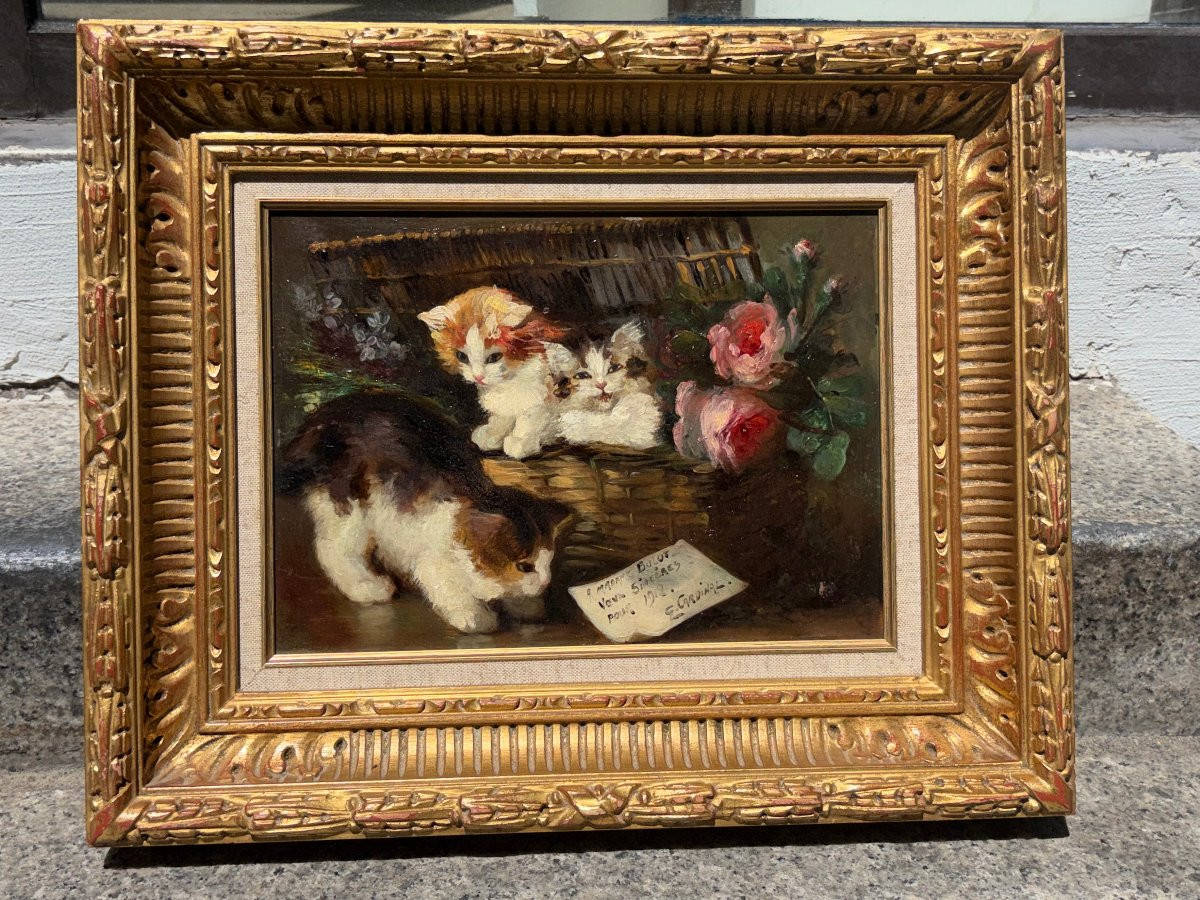 Émile Valentin CARDINAL (1883-1958) - "Trois chatons au panier de roses", huile sur panneau,-photo-2