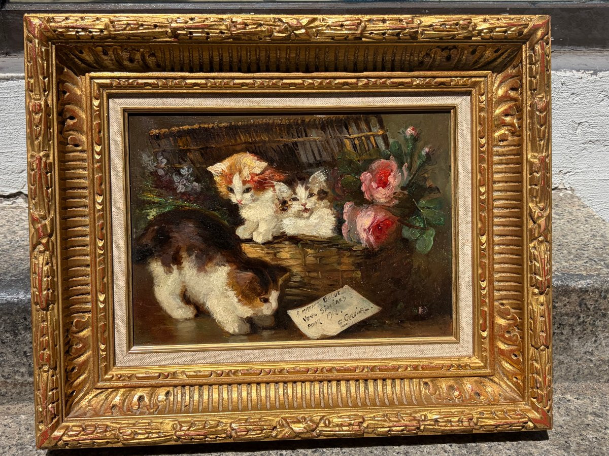 Émile Valentin CARDINAL (1883-1958) - "Trois chatons au panier de roses", huile sur panneau,-photo-4