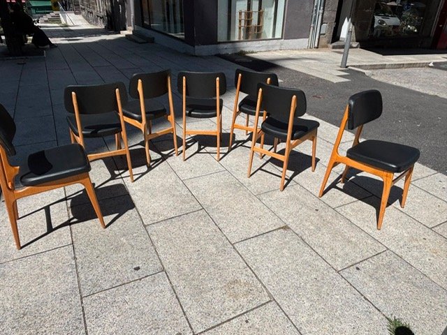 Ensemble de 7 chaises vintage scandinave teck circa 1960 " Ameublement Siège NF"-photo-3