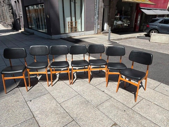 Ensemble de 7 chaises vintage scandinave teck circa 1960 " Ameublement Siège NF"-photo-4