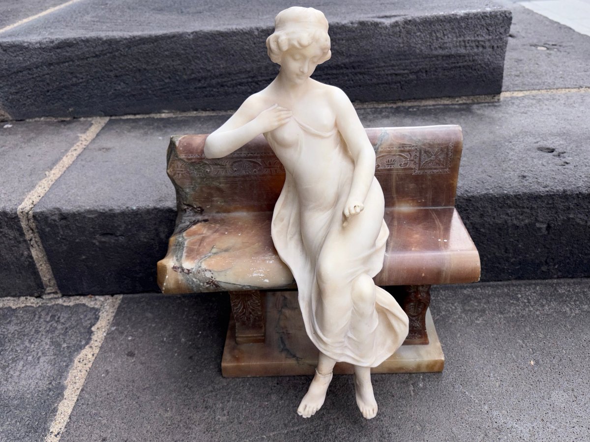 Stunning Antique Sculpture In Marble, Alabaster, And Onyx—a Young Woman Sitting On A Bench-photo-3