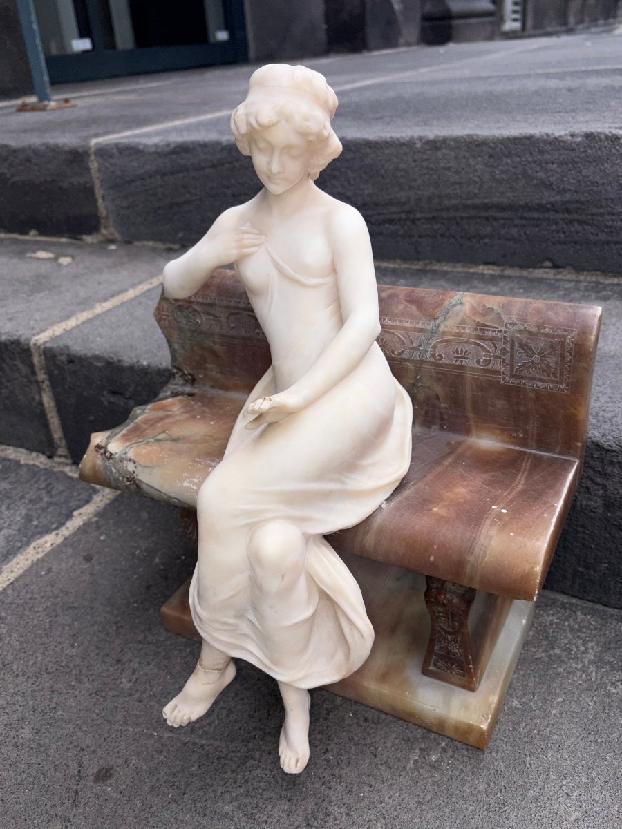 Stunning Antique Sculpture In Marble, Alabaster, And Onyx—a Young Woman Sitting On A Bench-photo-4