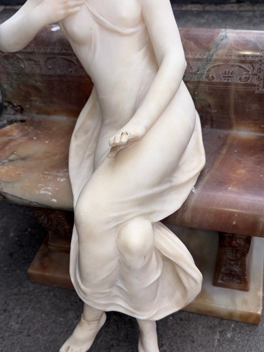 Stunning Antique Sculpture In Marble, Alabaster, And Onyx—a Young Woman Sitting On A Bench-photo-4
