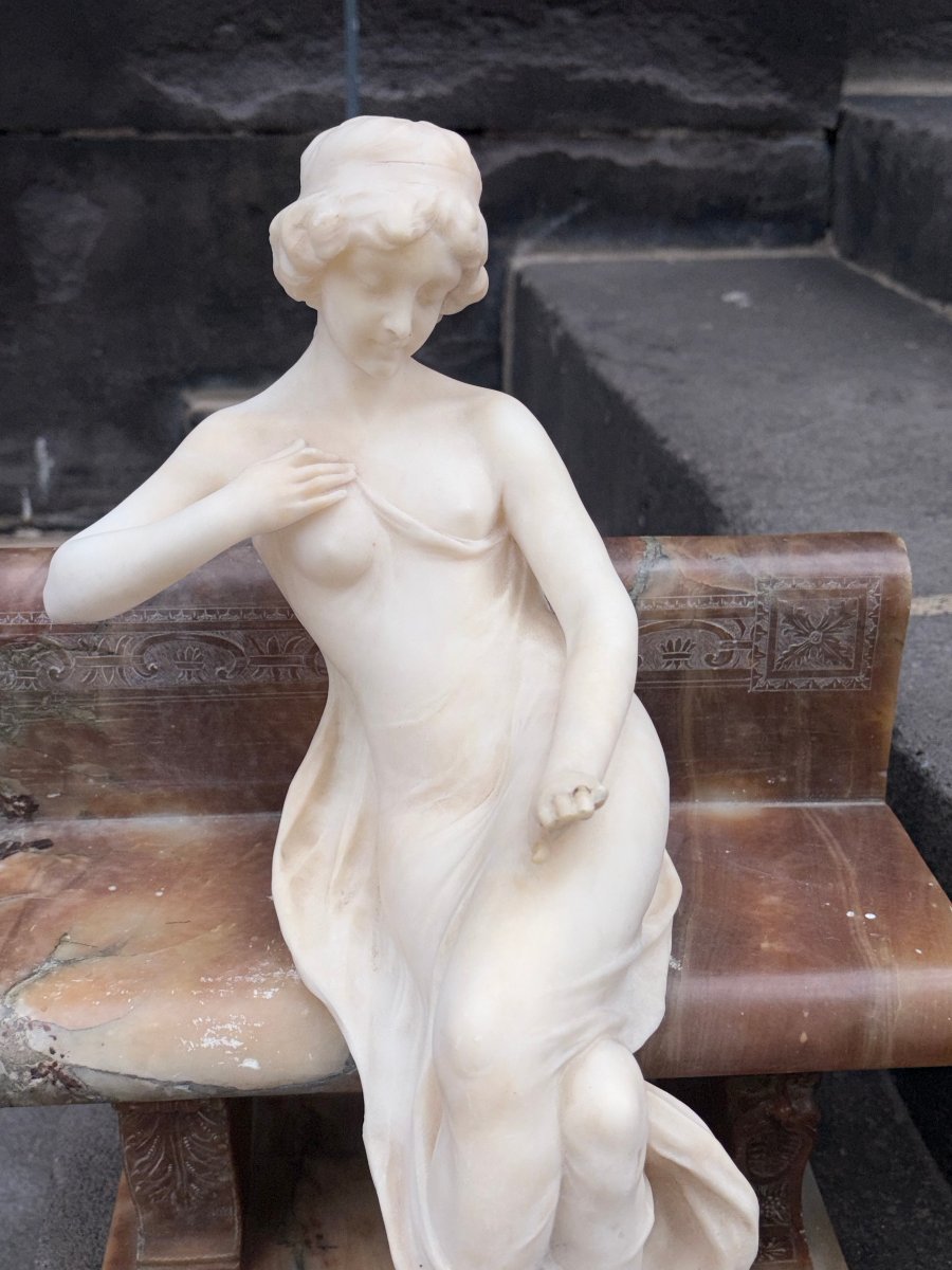 Stunning Antique Sculpture In Marble, Alabaster, And Onyx—a Young Woman Sitting On A Bench-photo-5