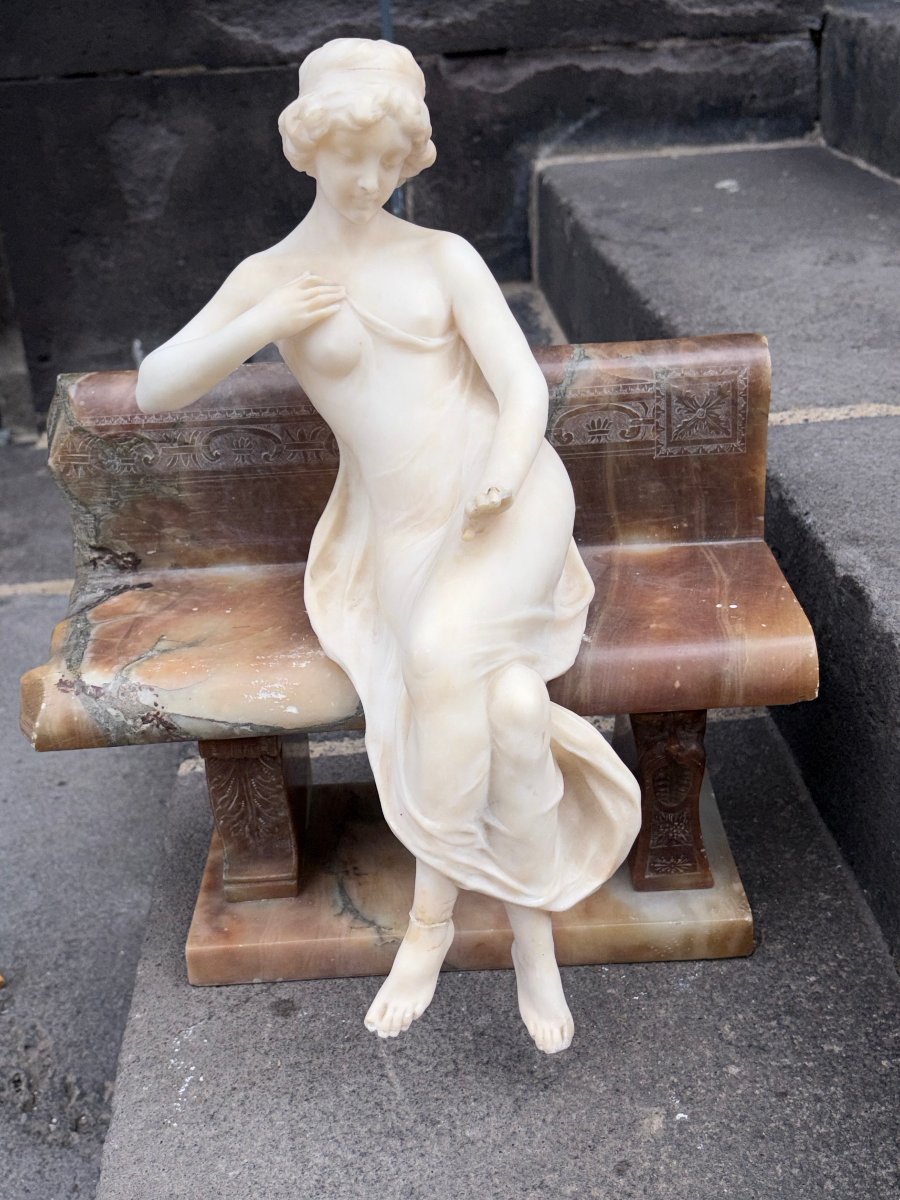 Stunning Antique Sculpture In Marble, Alabaster, And Onyx—a Young Woman Sitting On A Bench-photo-7
