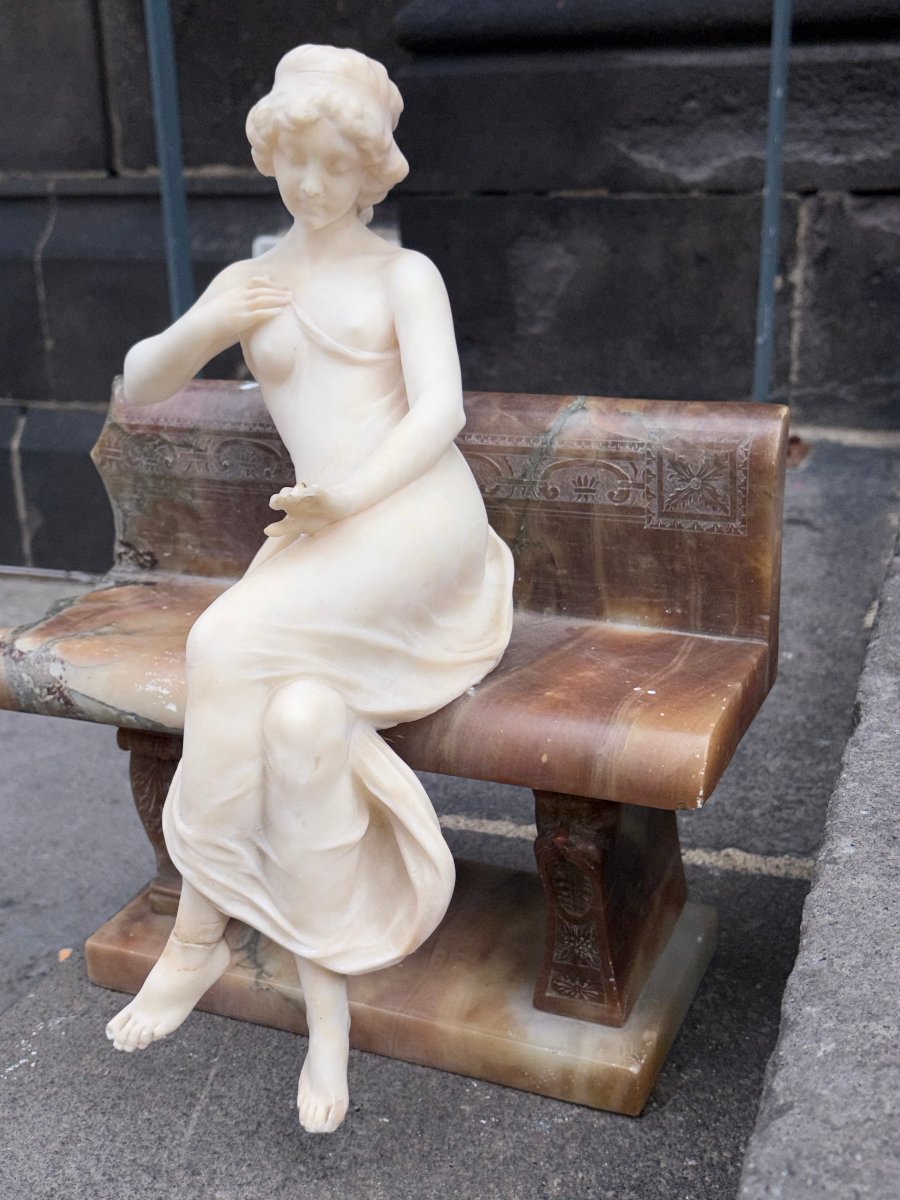 Stunning Antique Sculpture In Marble, Alabaster, And Onyx—a Young Woman Sitting On A Bench-photo-8