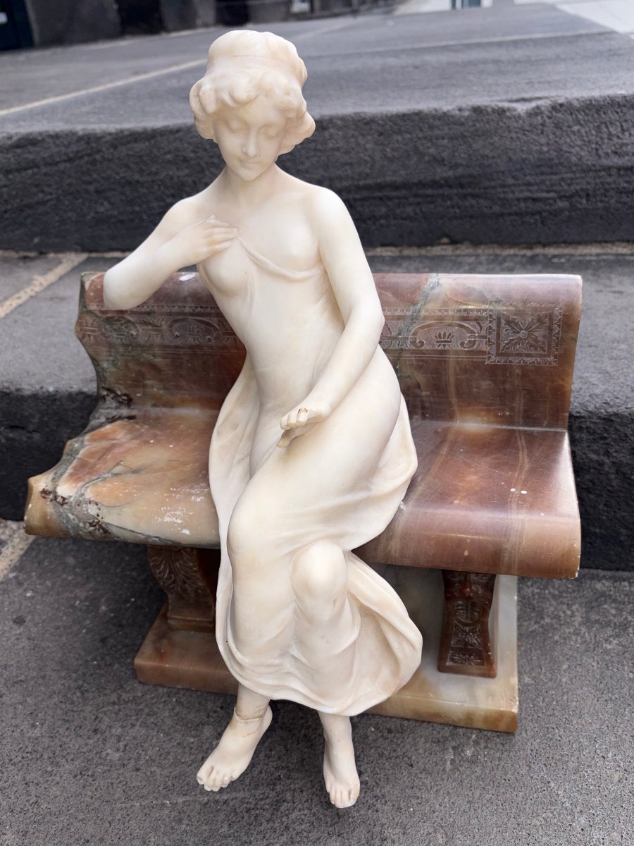 Stunning Antique Sculpture In Marble, Alabaster, And Onyx—a Young Woman Sitting On A Bench