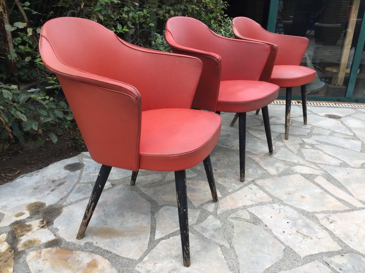 Ensemble De 3 Fauteuils Rouge Années 1960-photo-2