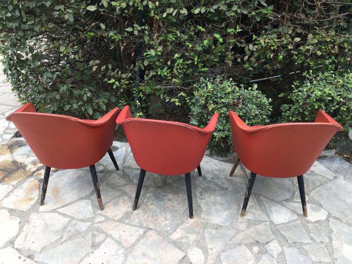 Ensemble De 3 Fauteuils Rouge Années 1960-photo-3