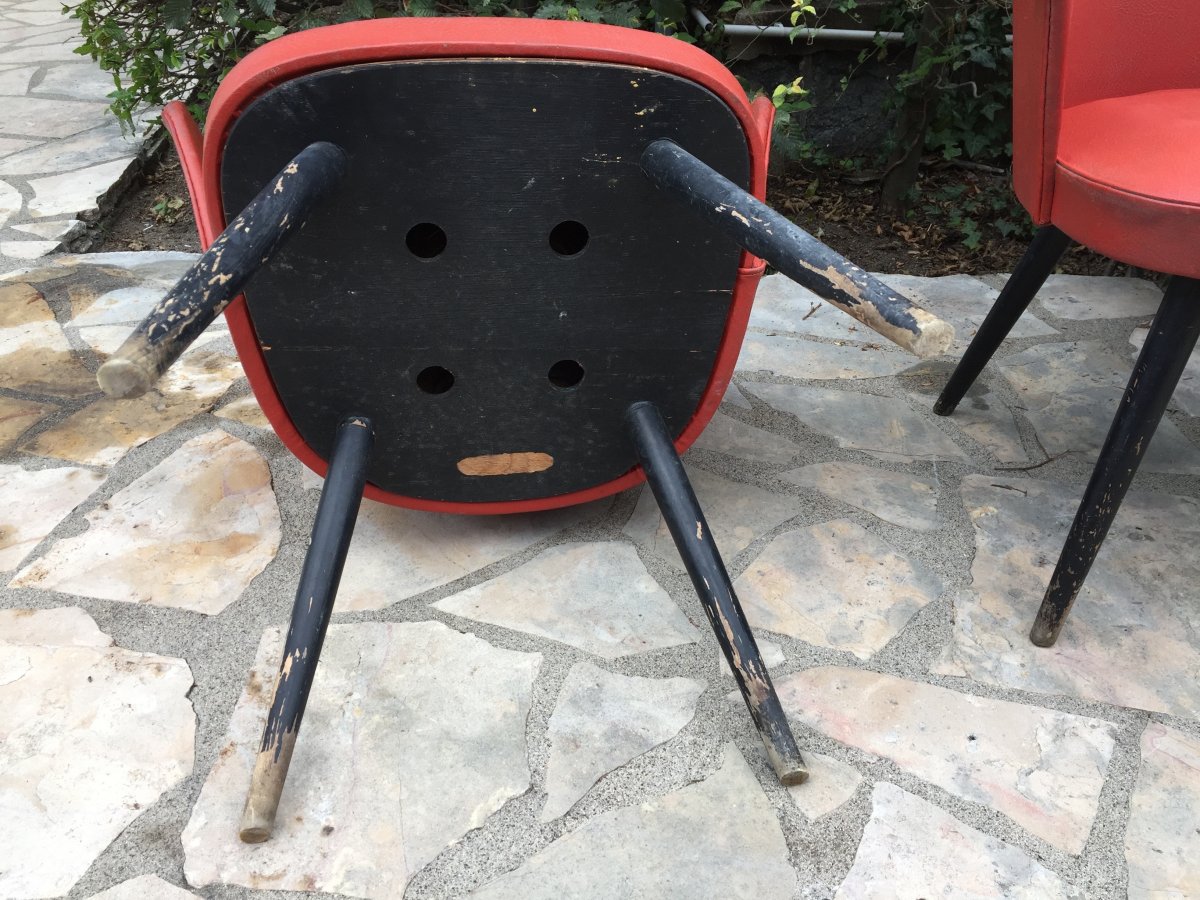 Ensemble De 3 Fauteuils Rouge Années 1960-photo-4