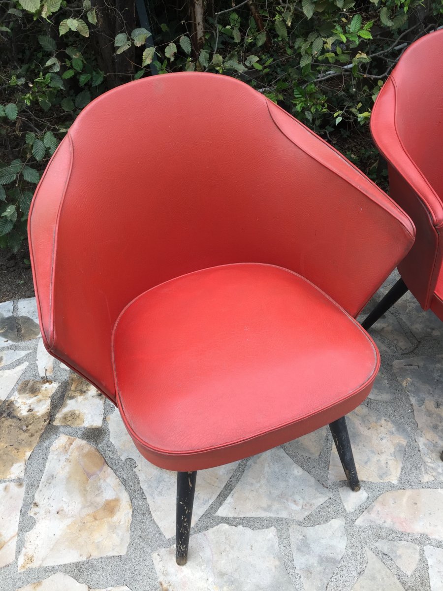 Ensemble De 3 Fauteuils Rouge Années 1960-photo-2