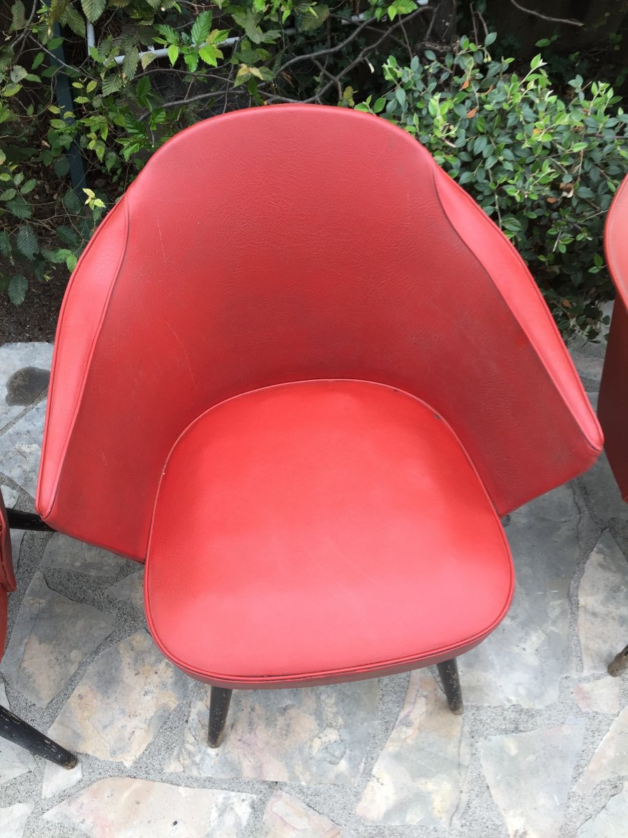 Ensemble De 3 Fauteuils Rouge Années 1960-photo-3