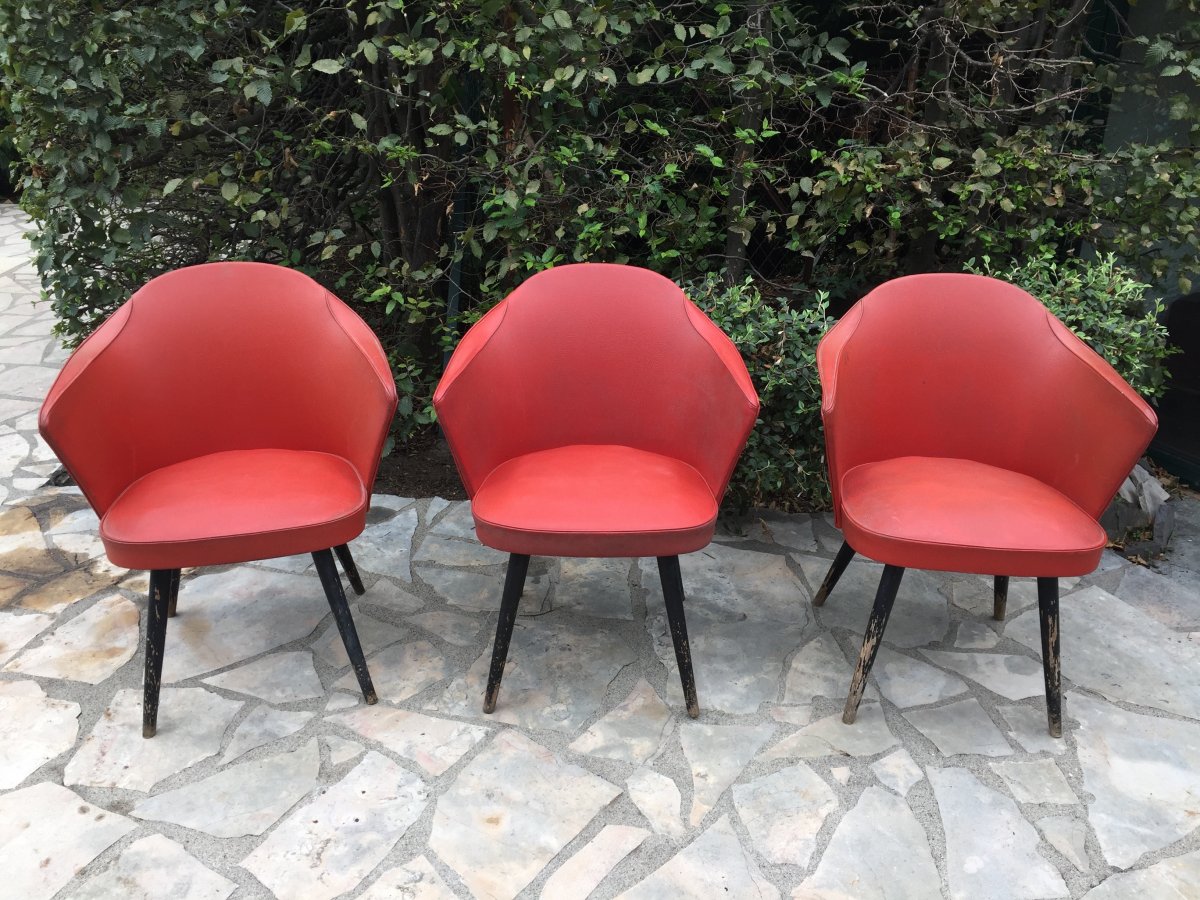 Ensemble De 3 Fauteuils Rouge Années 1960