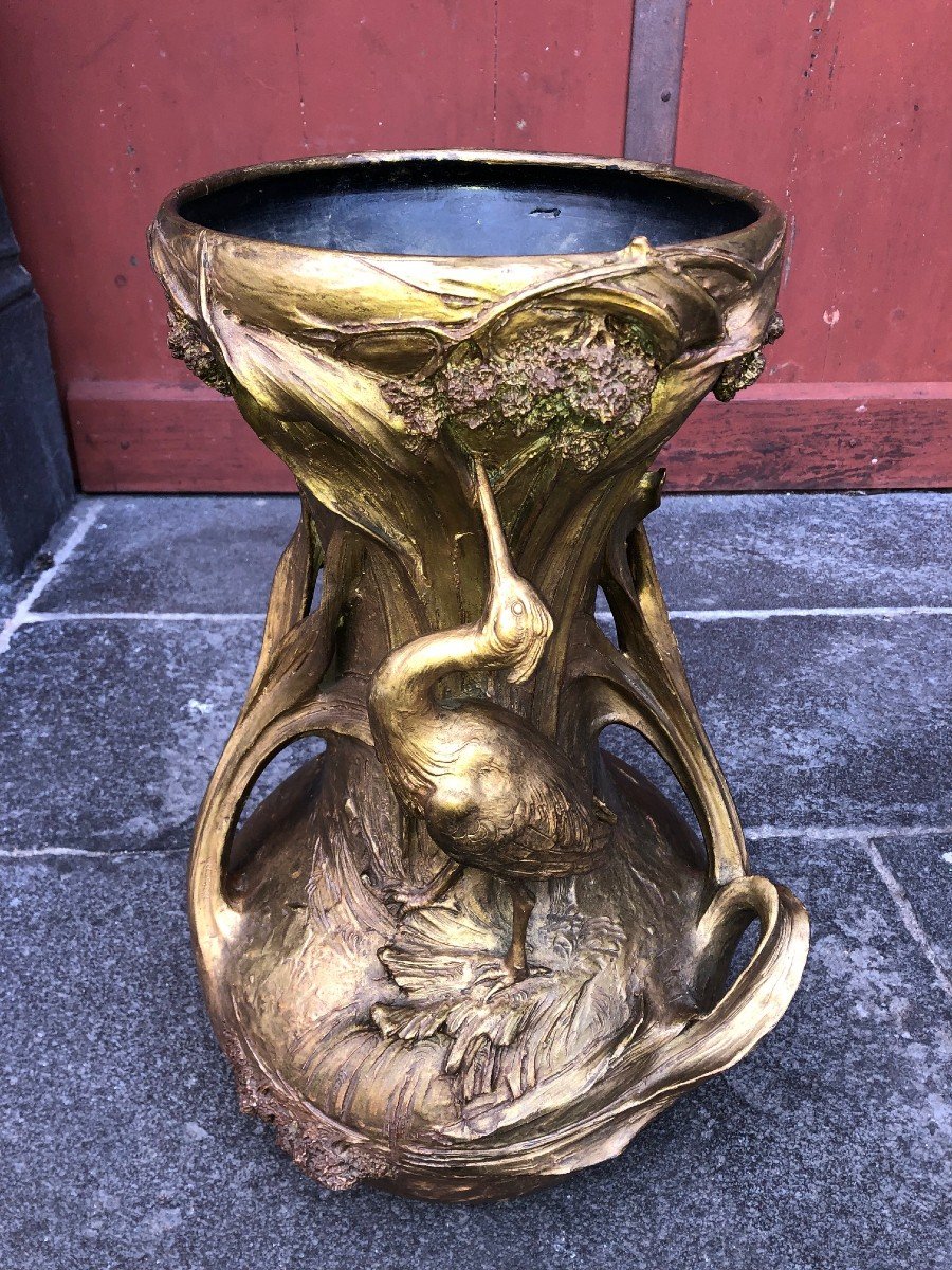 Très Grand Cache Pot Art Nouveau Terre Cuite-photo-3