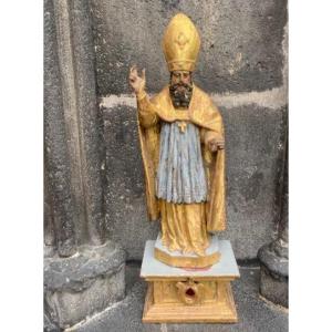 Statue évêque en habits liturgiques en bois sculpté doré et polychrome d'époque XVIIIème siècle