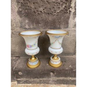 Pair Of Medici Vases In White Opaline