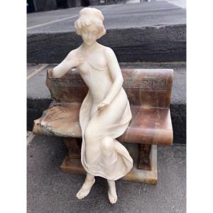 Stunning Antique Sculpture In Marble, Alabaster, And Onyx—a Young Woman Sitting On A Bench