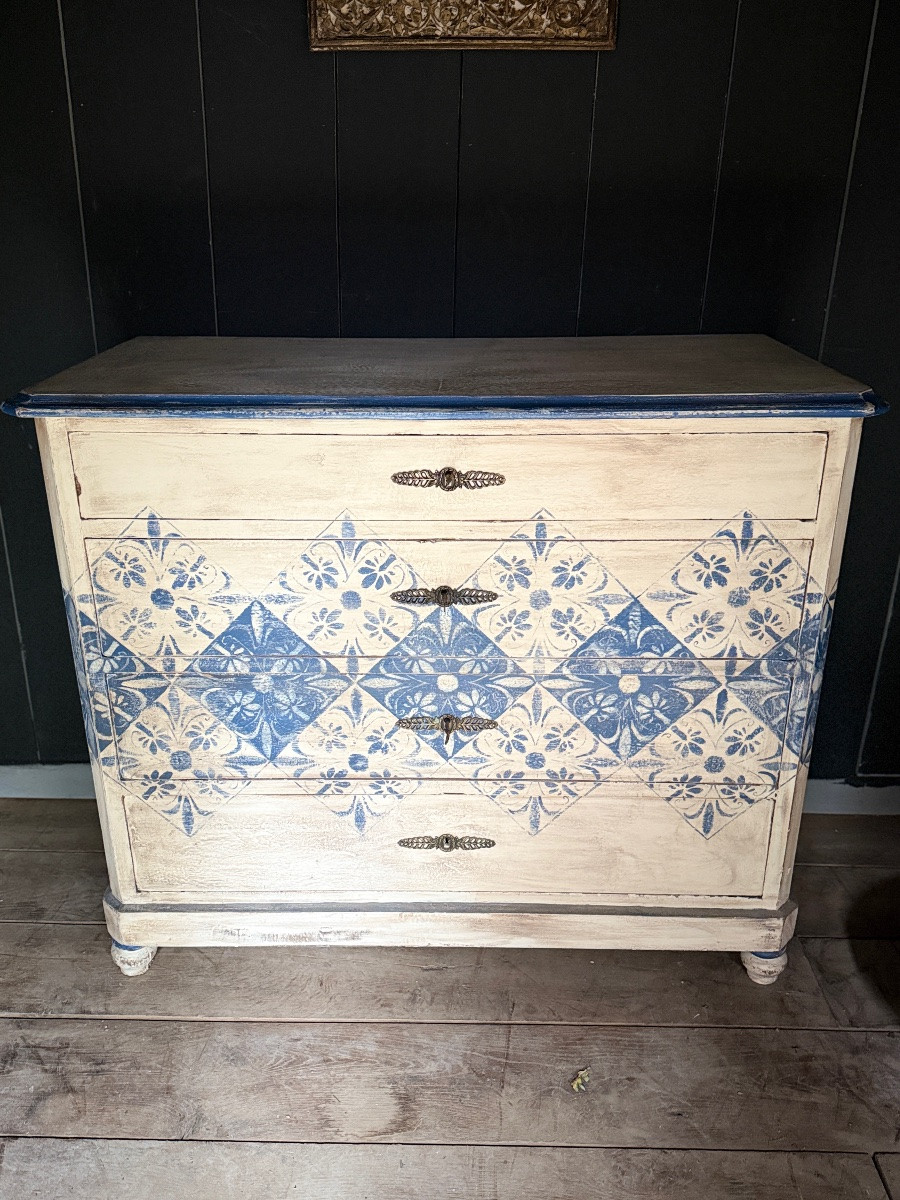 Commode aux dallages bleu  datant du 19e siècle belle patine décorative -photo-1