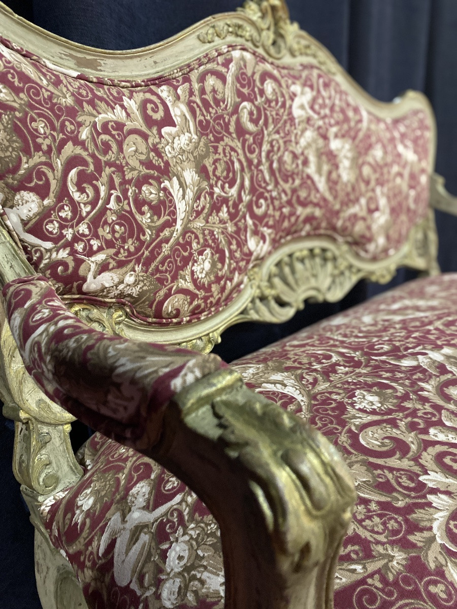 A 19th-century Polychrome Louis XV Sofa With Very Pretty Fabric-photo-1