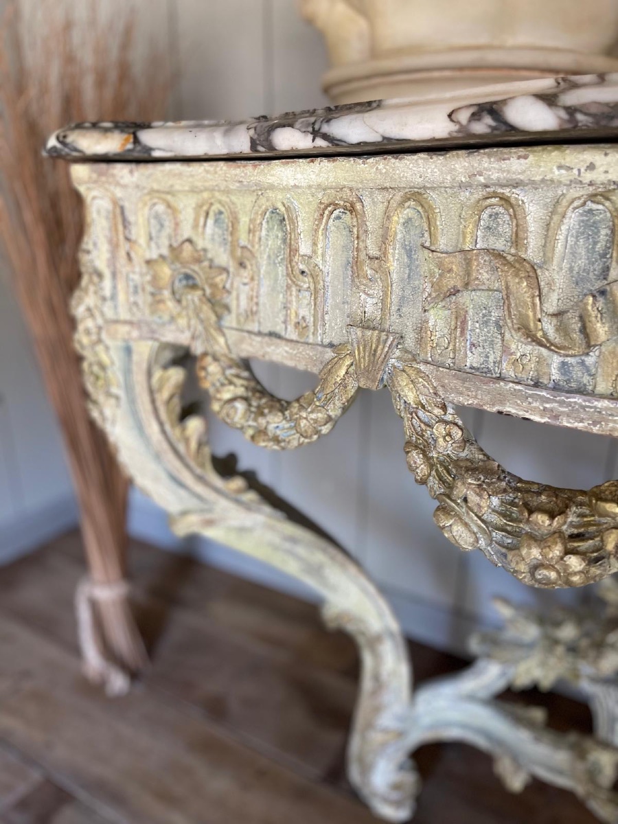 Grande console sculptée Louis XV transition datant du 18e siècle et son marbre-photo-3