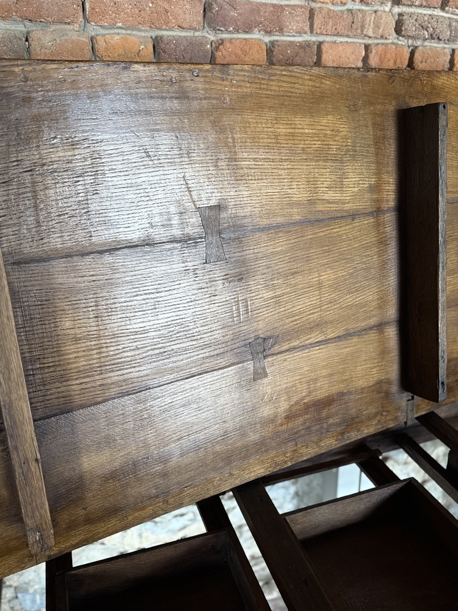 Table de ferme ou de collectivité en chêne Louis XIV datant du 18e siècle tablette amovible -photo-4