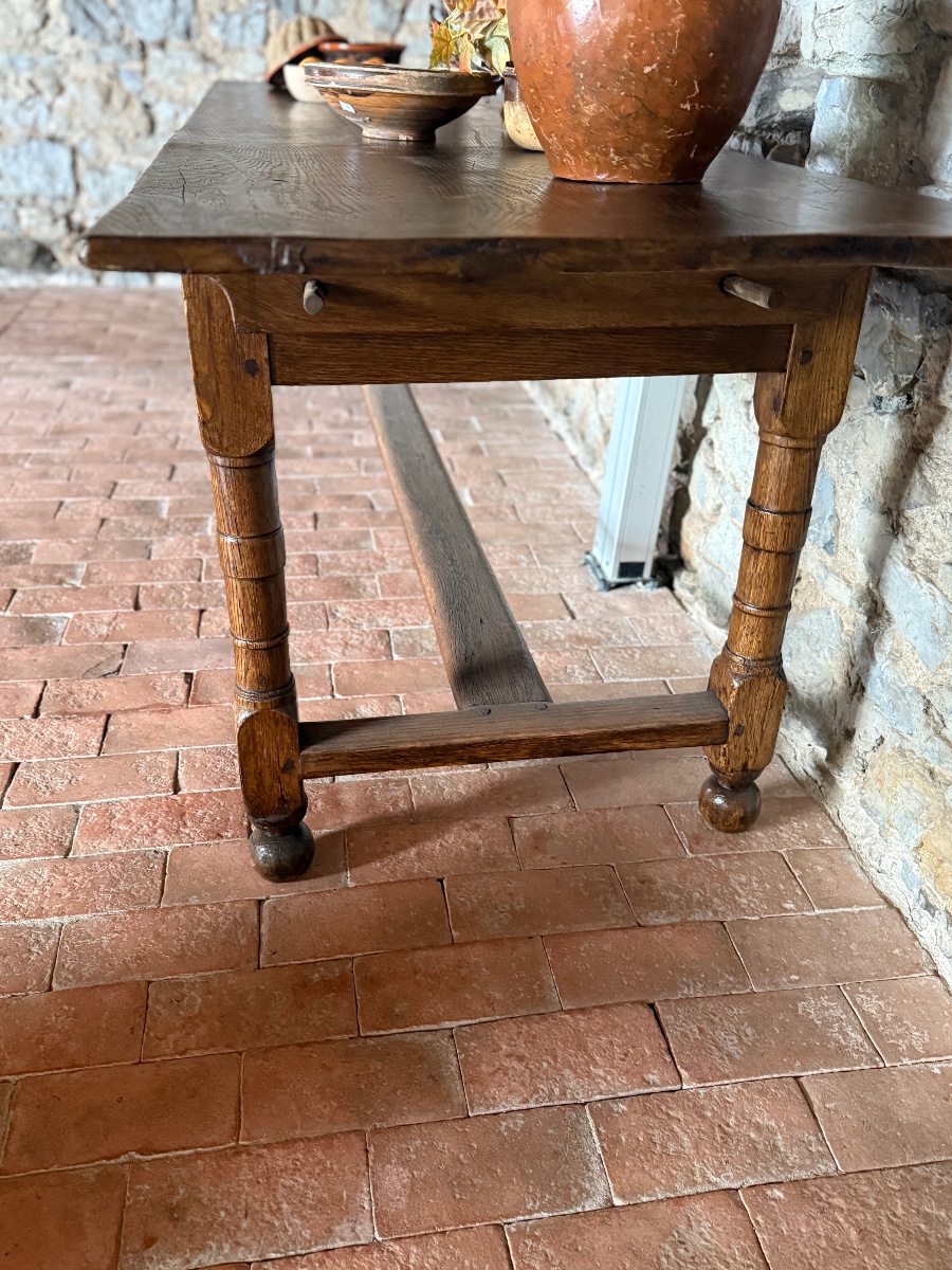 Table de ferme ou de collectivité en chêne Louis XIV datant du 18e siècle tablette amovible -photo-7