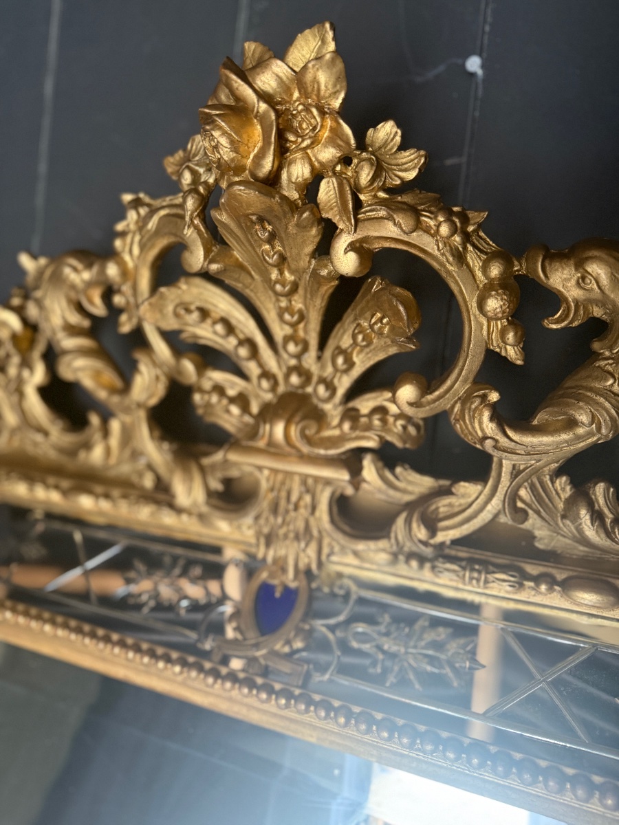 Grand miroir a parcloses doré d’époque Napoléon III datant du19e siècle-photo-2
