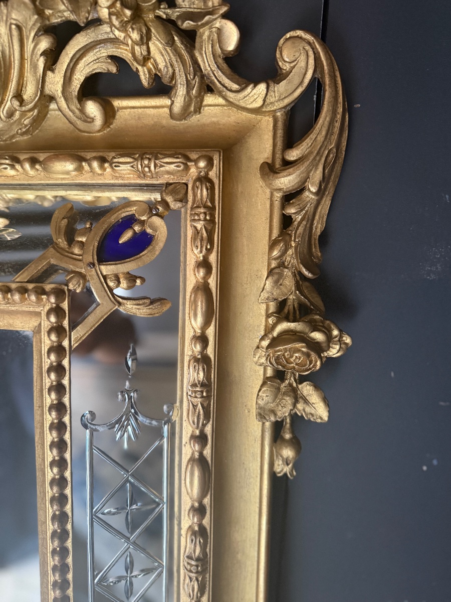Grand miroir a parcloses doré d’époque Napoléon III datant du19e siècle-photo-3