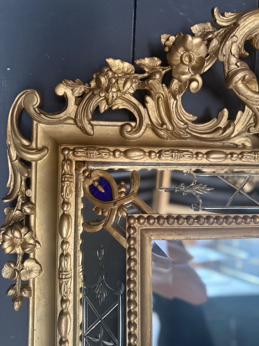 Grand miroir a parcloses doré d’époque Napoléon III datant du19e siècle-photo-3