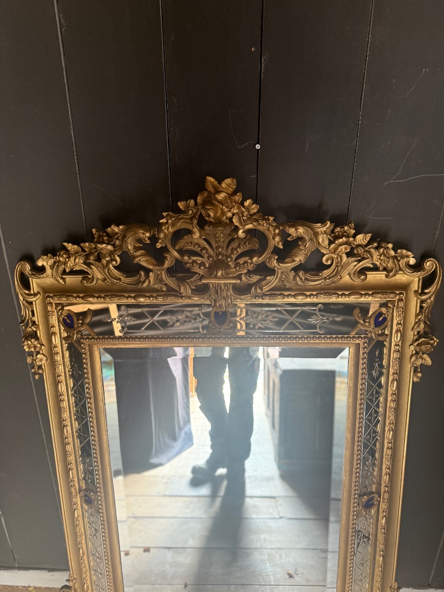 Grand miroir a parcloses doré d’époque Napoléon III datant du19e siècle-photo-4