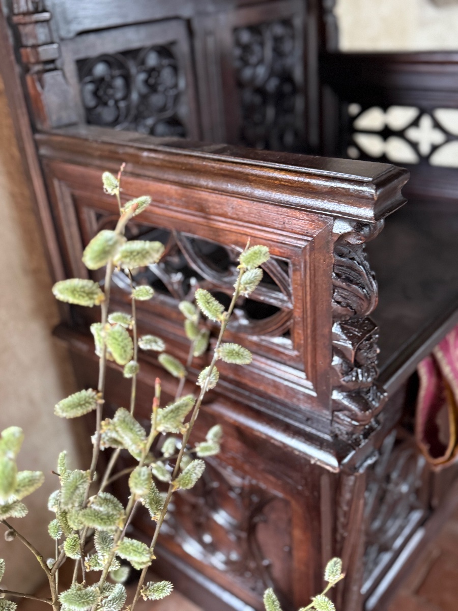 Cathedre ( grand modèle)en noyer Neo gothique avec coffre-photo-4
