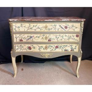 Commode Beautifully Decorated With Foliage And Birds Late 19th With Marble
