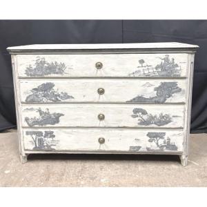 Louis XVI Commode Dating From The 18th Century Magnificent Patina With Toile De Jouy Patterns