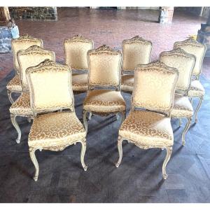 Louis XV Chairs Early 19th Century Carved Polychromy Original (series Of 9 Pieces)