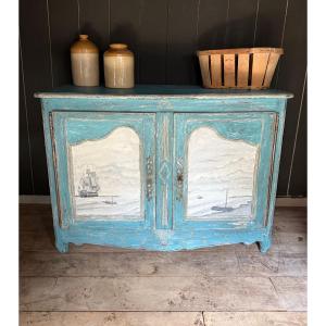 Louis XV Sideboard Dating From The 18th Century, Beautiful Patina And Marine Painting