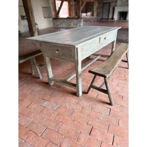 18th Century Patinated Farmhouse Table With 3 Drawers And Overhanging Shelf 