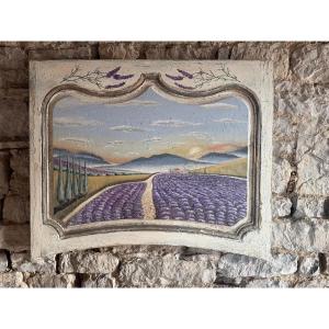 Élément de boiserie avec peinture représentant le sud de la France 