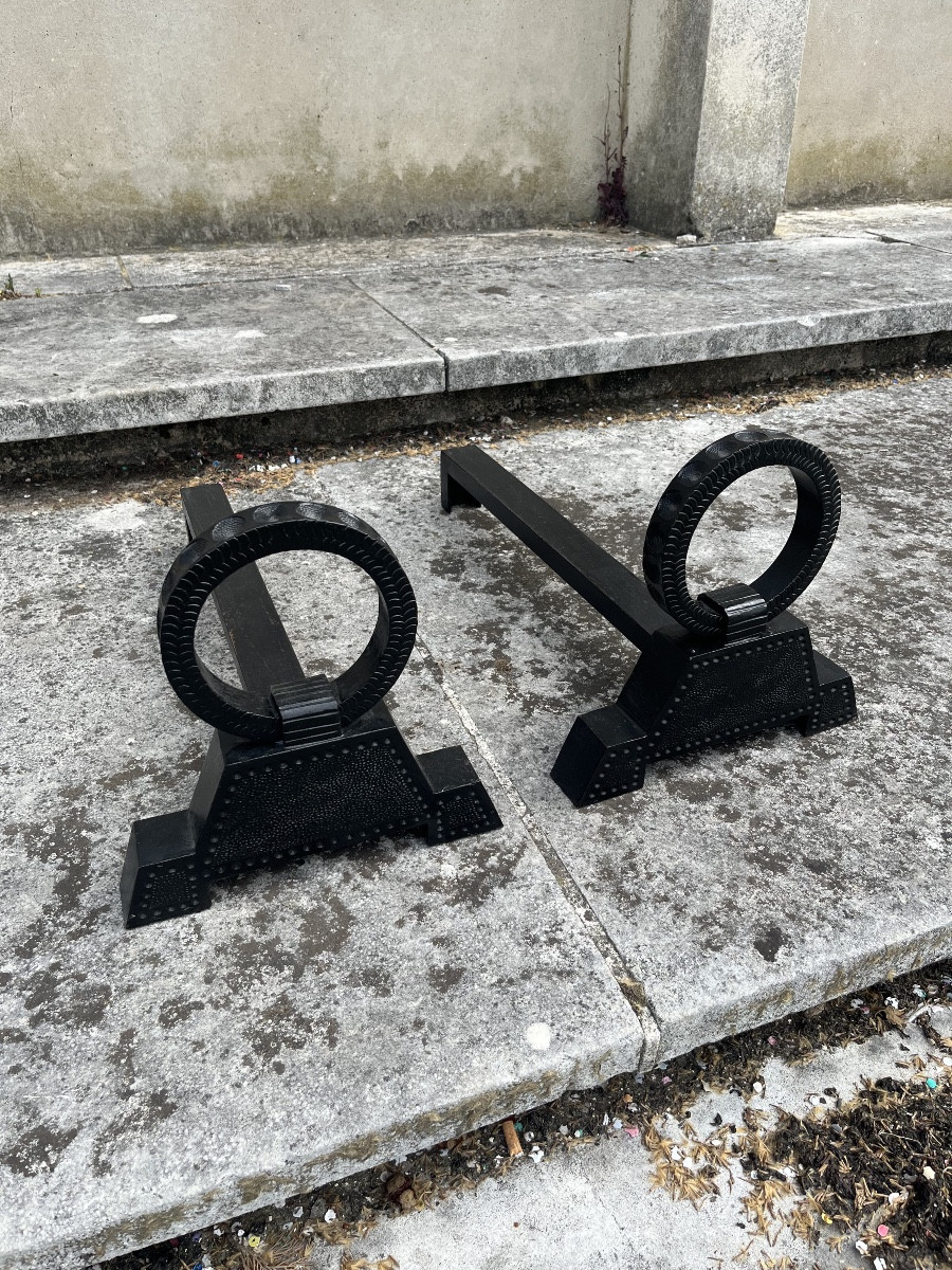 Pair Of Wrought Iron Andirons By Gibert Poillerat.