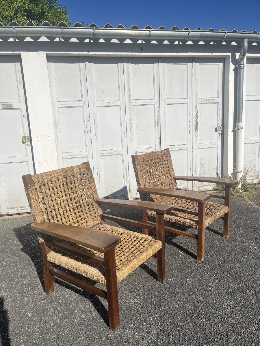 Paire de fauteuils acajou et corde  dlg Francis Jourdain.-photo-2