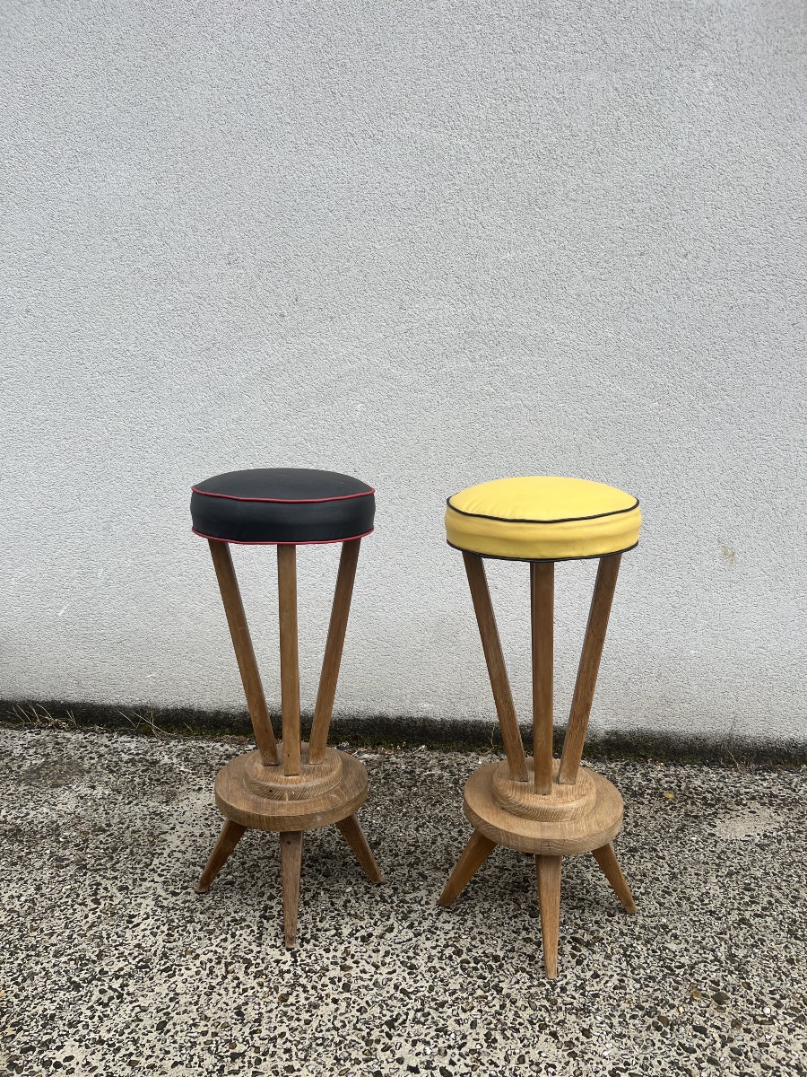 Pair Of Oak Stools From The 1950s.-photo-2