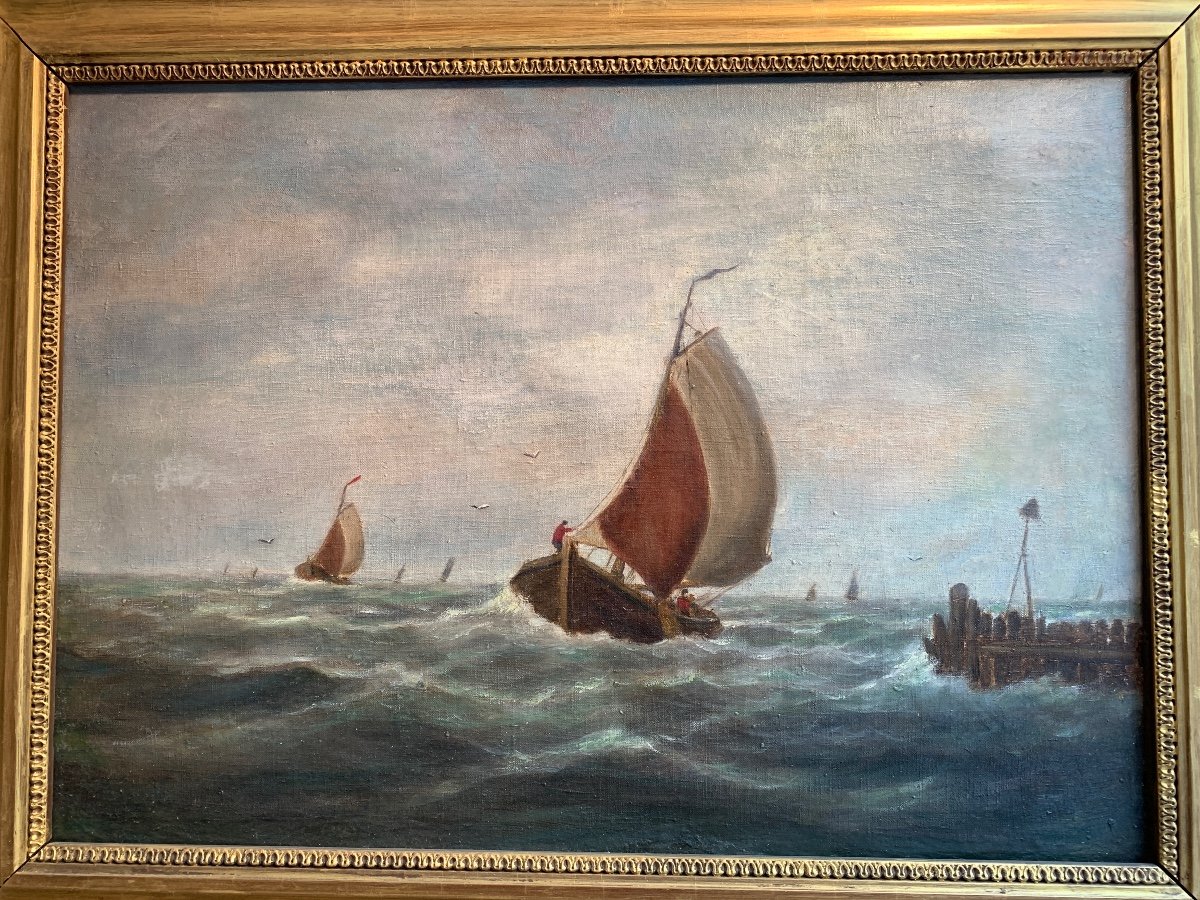 French School 19th Century, Boat In The Storm, Oil On Canvas-photo-2