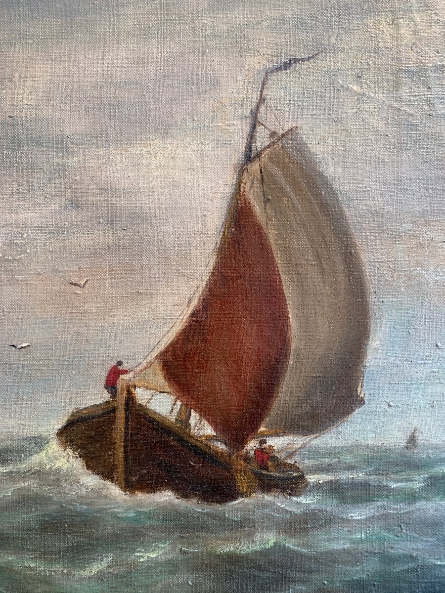French School 19th Century, Boat In The Storm, Oil On Canvas-photo-4