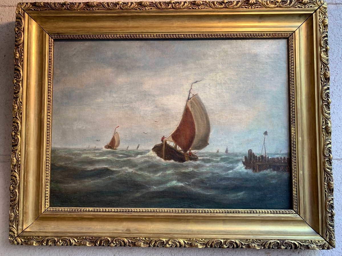 école Française 19eme Siècle,bateau Dans La Tempête, Huile Sur Toile