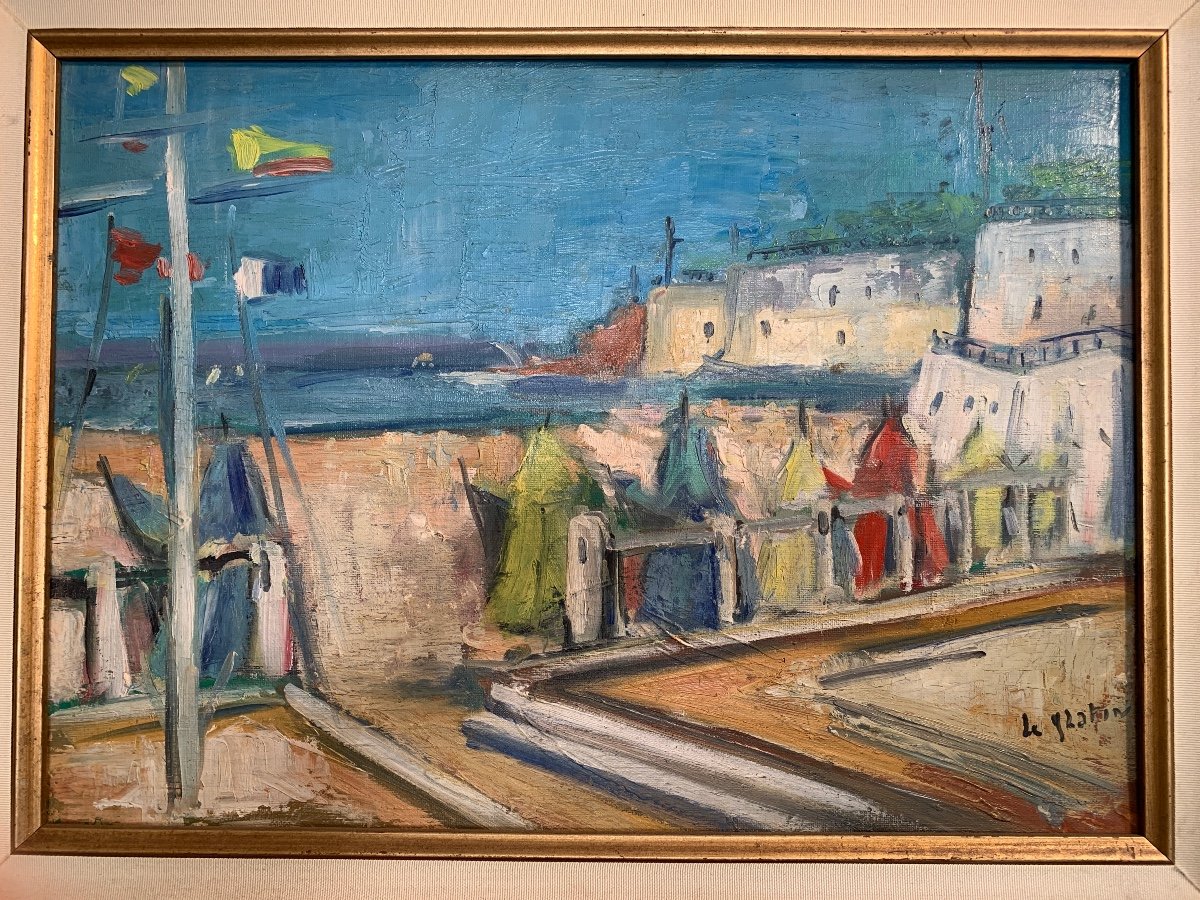 A Le Glatin Oil On Canvas Beach Huts-photo-1